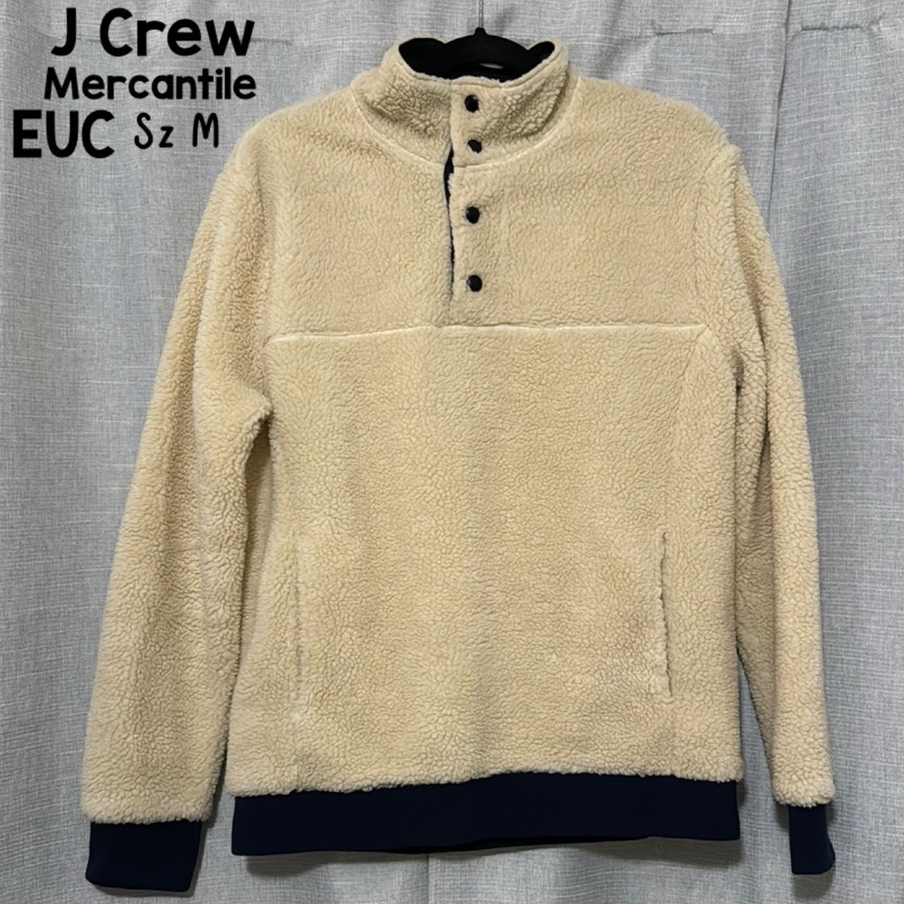 J Crew Mercantile Teddy Fleece-Men’s M(unisex Style) Cream/Navy-4 Snap Front-EUC